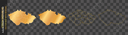 set of 4 gold political maps of Czech Republic with regions isolated on transparent background	

