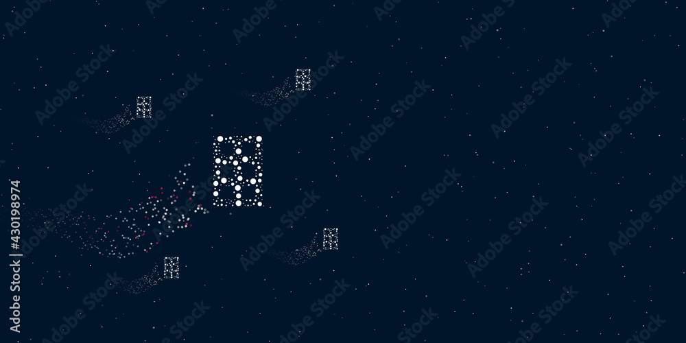 A office building symbol filled with dots flies through the stars leaving a trail behind. There are four small symbols around. Vector illustration on dark blue background with stars