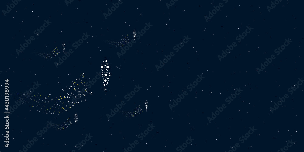 A torch symbol filled with dots flies through the stars leaving a trail behind. Four small symbols around. Empty space for text on the right. Vector illustration on dark blue background with stars
