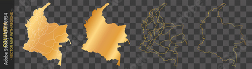 set of 4 gold political maps of Columbia with regions isolated on transparent background	
