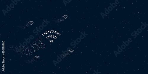 A wifi symbol filled with dots flies through the stars leaving a trail behind. Four small symbols around. Empty space for text on the right. Vector illustration on dark blue background with stars