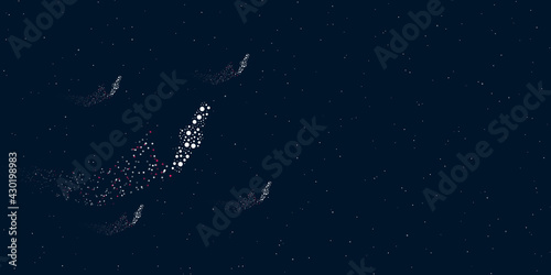 A wristwatch symbol filled with dots flies through the stars leaving a trail behind. There are four small symbols around. Vector illustration on dark blue background with stars