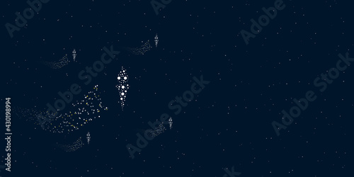 A torch symbol filled with dots flies through the stars leaving a trail behind. Four small symbols around. Empty space for text on the right. Vector illustration on dark blue background with stars © Alexey
