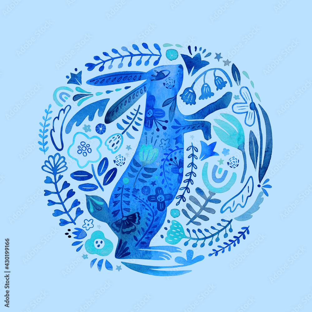 Blue Watercolor Rabbit Surrounded By Flowers And Plants. Rabbit in a Folk Style. Happy Easter, Decorated Easter Card, Banner. Bunnies, Easter Flowers And Plants Folk Style Patterned Design. Blue Watercolor Rabbit Surrounded By Flowers And Plants. Rabbit in a Folk Style. Happy Easter, Decorated Easter Card, Banner. Bunnies, Easter Flowers And Plants Folk Style Patterned Design.
