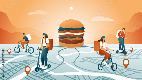Concept of food delivery on bicycles and electric scooters. Young guys with messenger bag flasks deliver food against the background of an abstract map of the city. Big burger, uniformed delivery men.