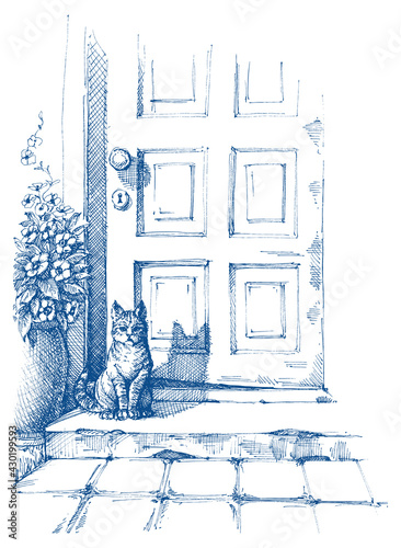 Cat sitting in front of a house guarding entrance drawing