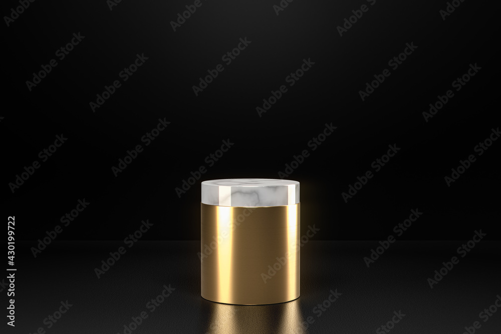 Minimal white marble cylinder circle pedestal podium. Round gold display stage platform on black background. Luxury simple clean design. 3d rendering. Minimal white marble cylinder circle pedestal podium. Round gold display stage platform on black background. Luxury simple clean design. 3d rendering.