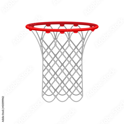 Red basketball hoop with a rope net, for playing basketball. Sports equipment. Vector illustration isolated on white background.