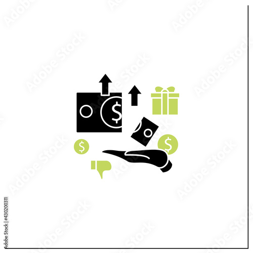 Excessive cost glyph icon. Increasing product costs. Hand hold money.Universal basic income concept. Filled flat sign. Isolated silhouette vector illustration