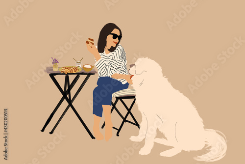 Cheerful woman sitting at a table with croissants and a big white dog and having lunch. Spend time outdoors. Flat style. Vector illustration.