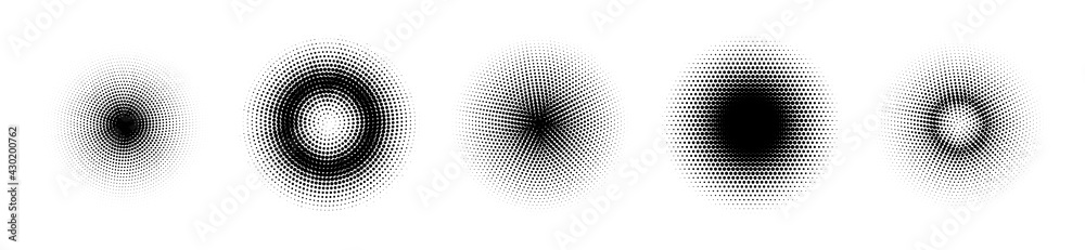 Set of black halftone circles. Pop art texture made of spots. Vector round dots gradient.