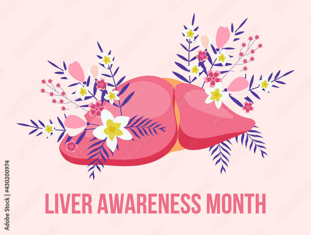 Liver awareness moth concept vector. Medical event is celebrated in October. Tiny doctors treat the liver. Trendy boho flower background