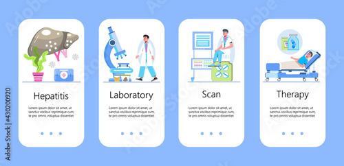 Hepatologist vector for medical mobile website, app landing page. Concept of hepatitis A, B, C, D, cirrhosis, world hepatitis day. Tiny doctors of hepatology treat liver.