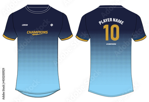 Sports jersey t shirt design concept vector template, Round neck football jersey concept with front and back view for Cricket, soccer, Volleyball, Rugby, tennis and badminton uniform