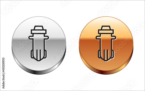 Black line Water filter icon isolated on white background. System for filtration of water. Reverse osmosis system. Silver-gold circle button. Vector