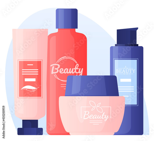 Cosmetics for face and body care. Improving the beauty and vision of the body. Vector illustration.