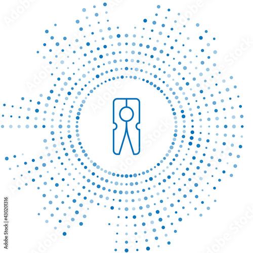 Blue line Old wood clothes pin icon isolated on white background. Clothes peg. Abstract circle random dots. Vector