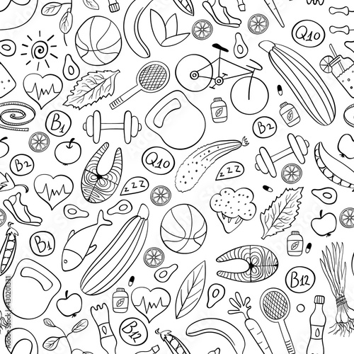Healthy lifestyle seamless pattern. Black doodles on white background. Vector illustration.