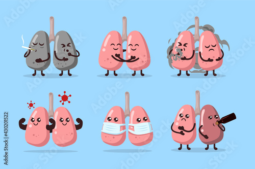 Set of cute lungs with various condition pose mascot design