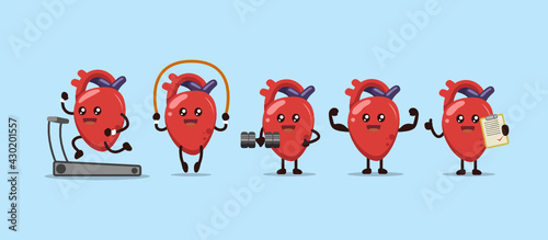 Set of cute healthy exercise heart organ mascot design