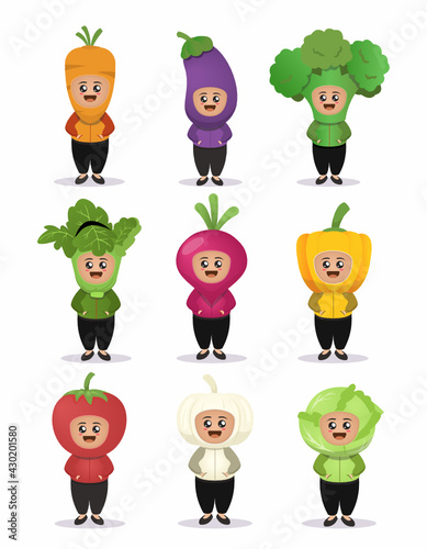 Set of cute kids with vegetable costume mascot design illustration