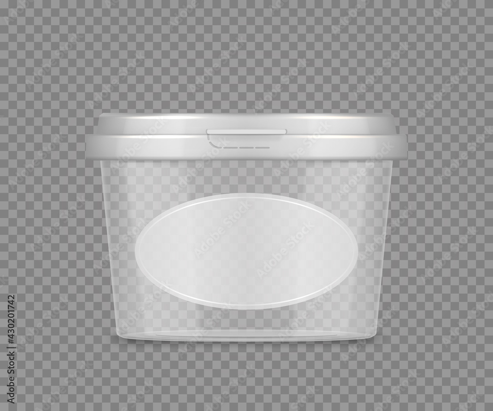 Empty transparent jar mockup with label for cheese, ice cream, mayonnaise, yogurt. Plastic package design. Blank beauty or food product container template. 3d vector illustration - obrazy, fototapety, plakaty 
