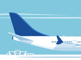 Jet passenger plane and airport building. Vector illustration.