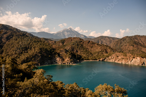 Beautiful scenery of bay and mountains. Mediterranean sea coast. Nature of Turkey.