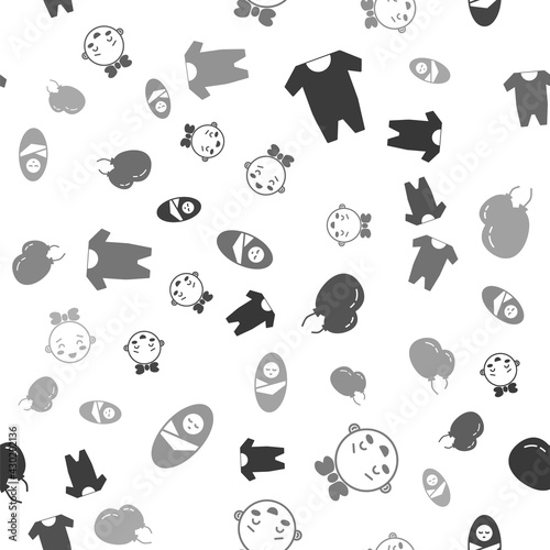 Set Baby clothes, Happy little girl head, Balloons with ribbon and Newborn baby infant swaddled on seamless pattern. Vector