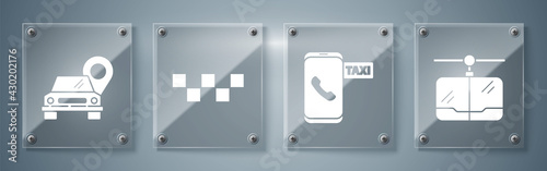 Set Cable car, Taxi call telephone service, Taxi car roof and Map pointer with taxi. Square glass panels. Vector