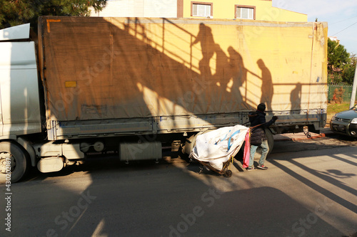 selective focus. Turkey Istanbul: street children, refugees fleeing from the war. Syrian children collecting junk in the streets