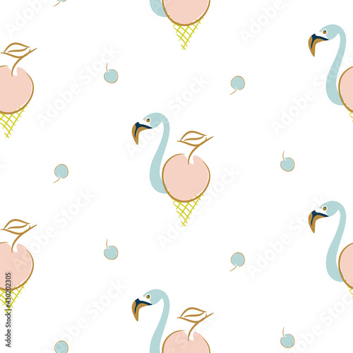 Seamless flamingo icecream cherry bird pattern. Summer baby background