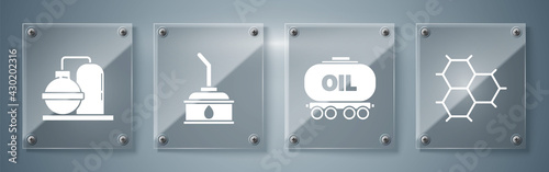 Set Chemical formula consisting of benzene rings, Oil railway cistern, Canister for motor machine oil and Oil and gas industrial factory building. Square glass panels. Vector
