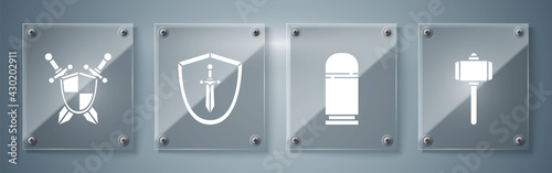 Set Battle hammer, Cartridges, Medieval shield with sword and Medieval shield with crossed swords. Square glass panels. Vector