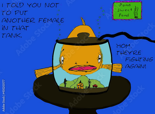 Caricature of a Fish with a Terrarium Talking to Mom