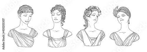 Trendy line art sketch of various antique statues, woman bust. Sculpture heads of different woman, ancient greek style, goddess, mythology, roman symbols. Hand-drawn vector modern illustration.