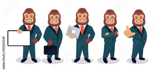 Set of gorilla with a businessman suit and various pose mascot design illustration