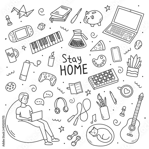 A cozy home office for the duration of the quarantine. Stay at home and stay healthy. Vector illustration in the doodle style, isolated black elements on a white background.