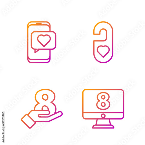 Set line 8 March on monitore, 8 March on hand, Online dating app and chat and Please do not disturb with heart. Gradient color icons. Vector