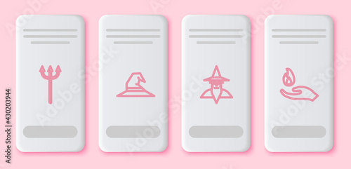 Set line Neptune Trident, Witch hat, Wizard warlock and Hand holding fire. White rectangle button. Vector