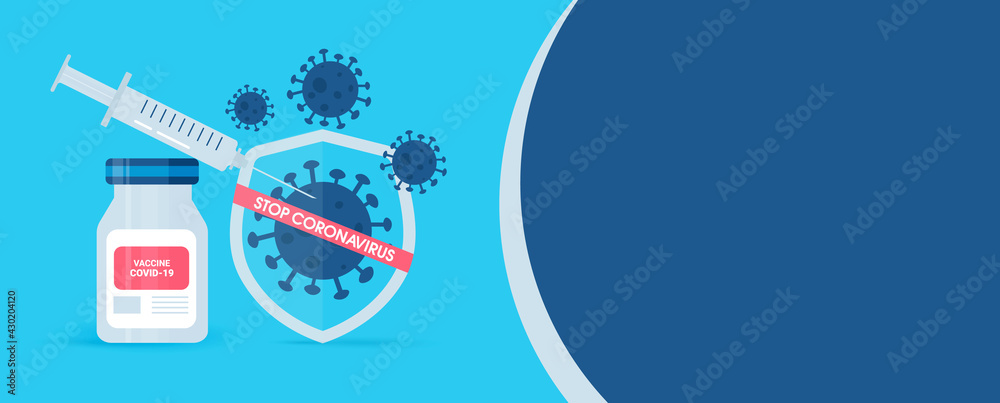 Vaccination concept for web banners, infographics. A banner with an empty space for the text. Vector illustration with a vaccine, a bottle with a shield about the safety of the coronavirus. Stop covid