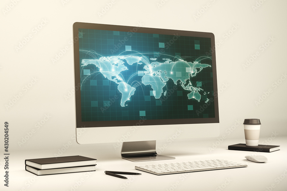 Computer monitor with abstract graphic digital world map with connections, globalization concept. 3D Rendering Computer monitor with abstract graphic digital world map with connections, globalization concept. 3D Rendering