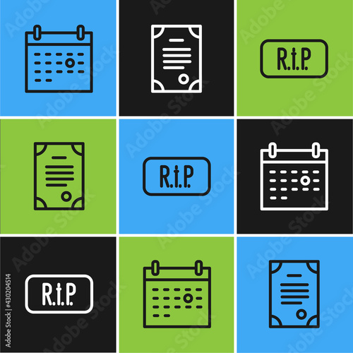 Set line Calendar death, Speech bubble rip and Death certificate icon. Vector