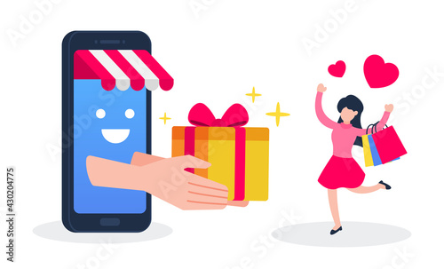 An online store gives a thank you gift to a woman who buys products. The creative concept idea of treating or rewarding customers. Simple trendy cute character vector illustration. Modern flat style.