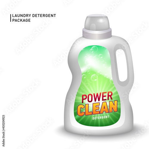Realistic mock up of container for liquid detergent with designed etiquette. Detergent package.
