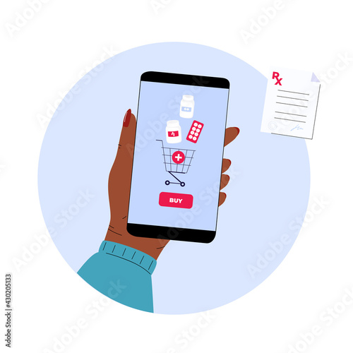 Online pharmacy. Female hand is holding smartphone with app to buy pills. Mobile service for purchasing medicines