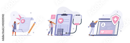 Doctor and Patient Filling, Calculating and Signing Health and Life Insurance Contract Online. Various Healthcare Scenes. Medicine Concept. Flat Cartoon Vector Illustration and Icons Set.
