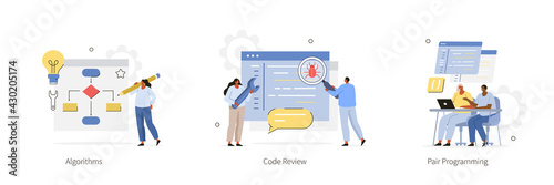 Various Programming and Coding Icons. Code Review Writing,  Algorithms Solution and Pair Programming Concepts. Characters working  in Software Development Industry. Flat Cartoon Vector Illustration.