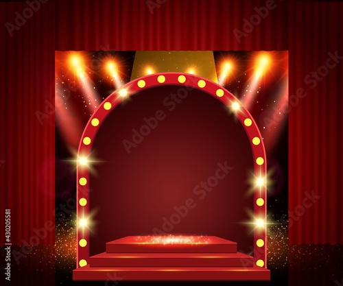 Background with red theatre curtain, retro arch banner and podium