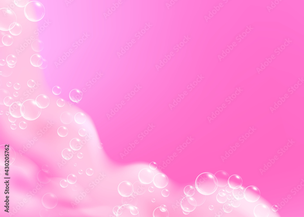 Beautiful bright background with Bath pink foam and empty place for your text. Shampoo bubbles texture. Sparkling pink shampoo and bath lather. Vector realistic illustration.